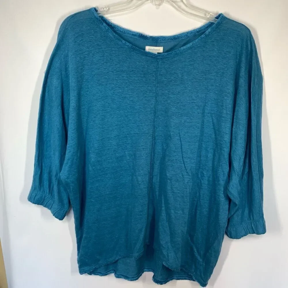 Sundance Women's Frayed Neck Linen 3/4 Sleeve Top Blue Size Medium
